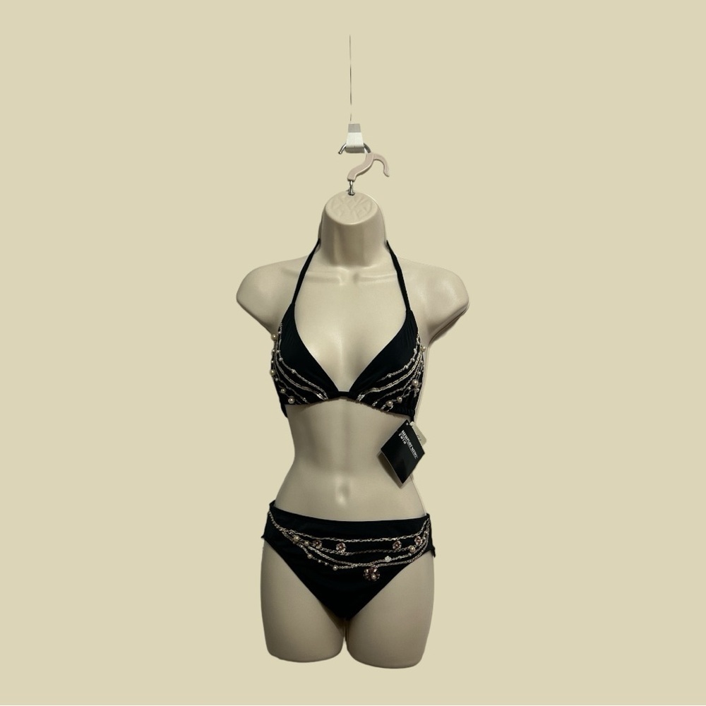 Newport News Swim 2PC Black String Bikini Pearl & Chain Embellishments Size 4